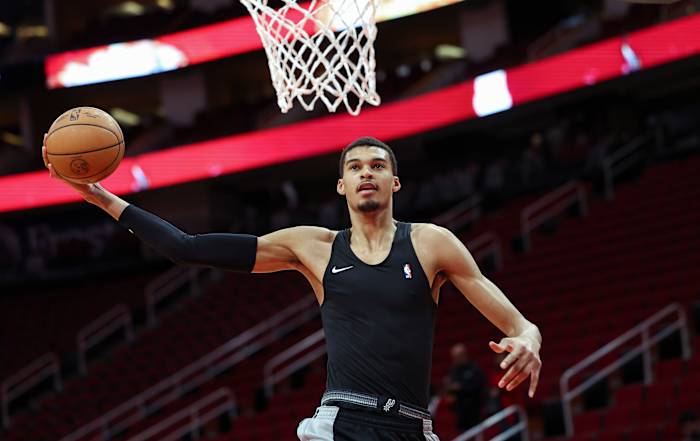 Dec 11, 2023; Houston, Texas, USA; San Antonio Spurs center Victor Wembanyama (1) warms up before the game against the Houston Rockets at Toyota Center.